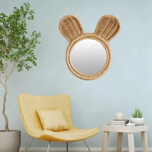 Handcrafted Rattan Monkey Ear Vanity Mirror – Round Makeup Decor, Wall-Mounted Hanging Decoration Compact Beauty Mirror