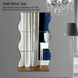 Modern 3D Wave Square Mirror Wall Decals - Set of 6 Adhesive Wave Shape Stickers for Living Room, DIY Wall Mural Art Home Decor
